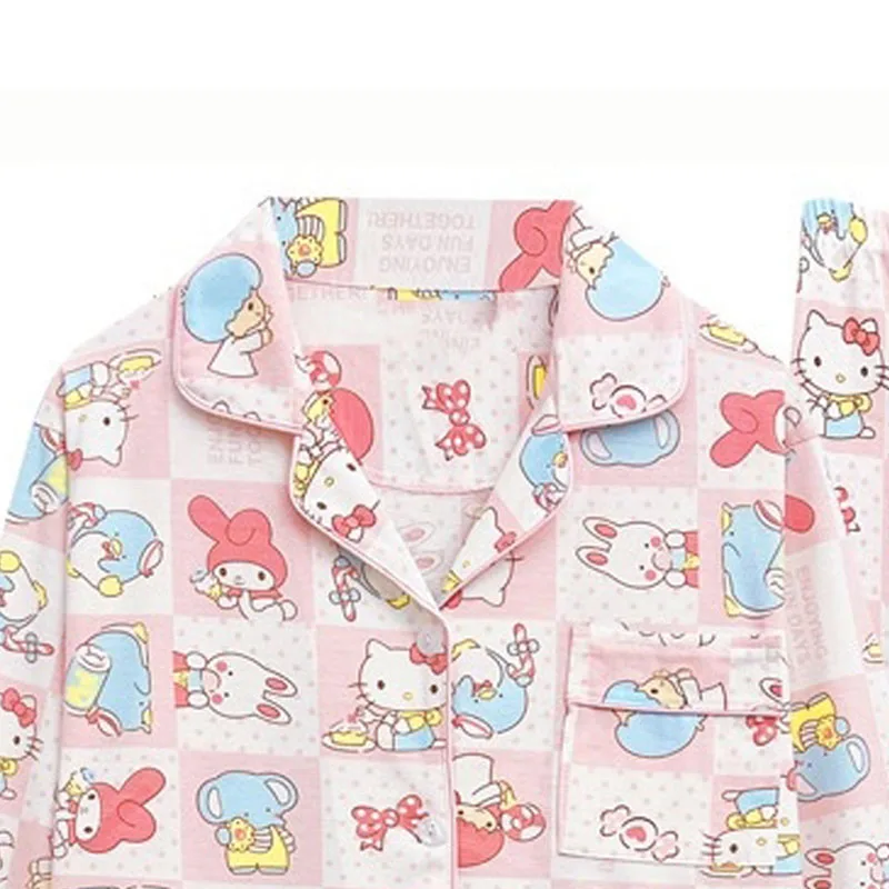 Hello Kitty Sanrio ชุดนอนแขนยาวชุดนอนชุดนอนผู้หญิงพิมพ์ลายการ์ตูนเสื้อพร้อมกางเกงชุดอยู่บ้านชุดนอน