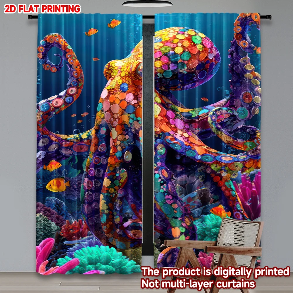 

2D flat printing 2pcs Window Treatment Curtains Colorful Underwater Octopus Digital Printed Polyester Drapes Holiday Decorations