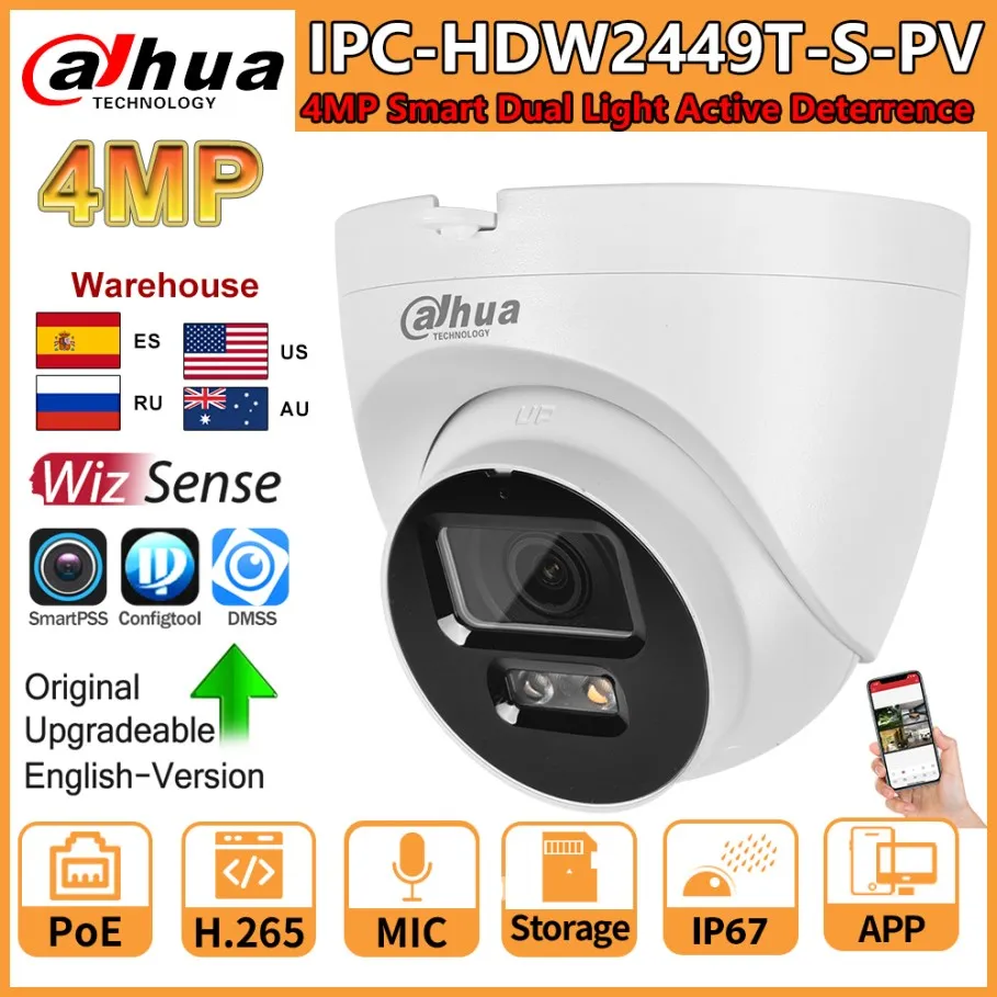 

IP-камера Dahua, 4 МП, IPC-HDW2449T-S-PV, интеллектуальная двойная подсветка, активное сдерживание, POE, двусторонняя связь, слот для SD-карты, полноцветная камера WizSense