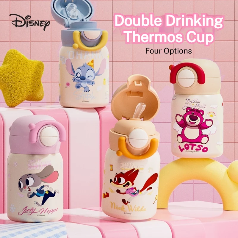 Mini taza aislada Disney Stitch, taza de agua para niños, botella de agua compacta, taza de bolsillo con pajita para guardería, 250ML