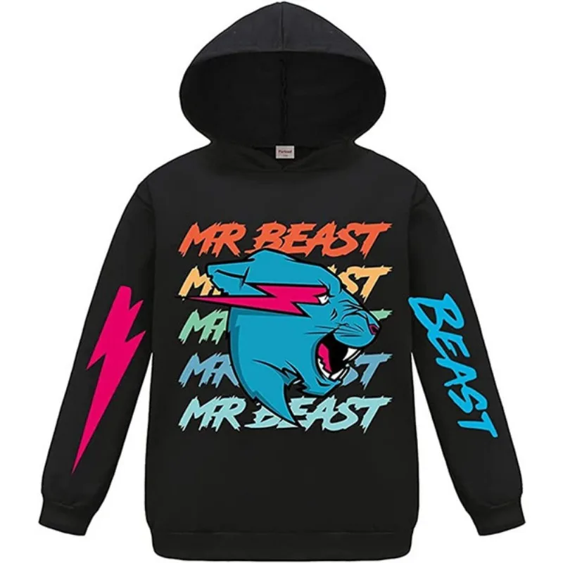 Mr Beast Lightning Cat Cartoon Animation Pattern Printed Children's Hoodie Autumn and Winter Fleece Casual Fashion Pullover