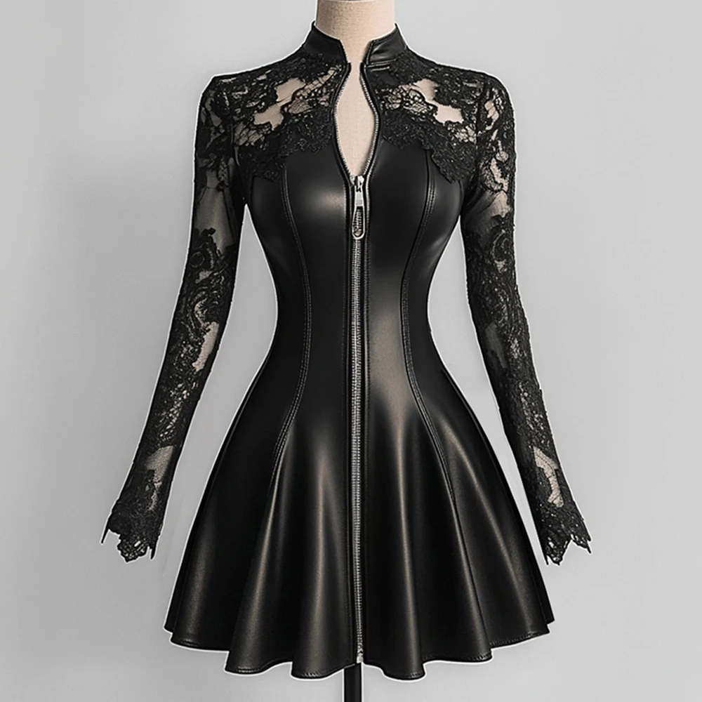 Women’s Elegant PU Leather Dress Black Lace Patchwork Mesh Long Sleeve Zipper Up Bodycon Dress A-Line Party Sexy Mini Dresses