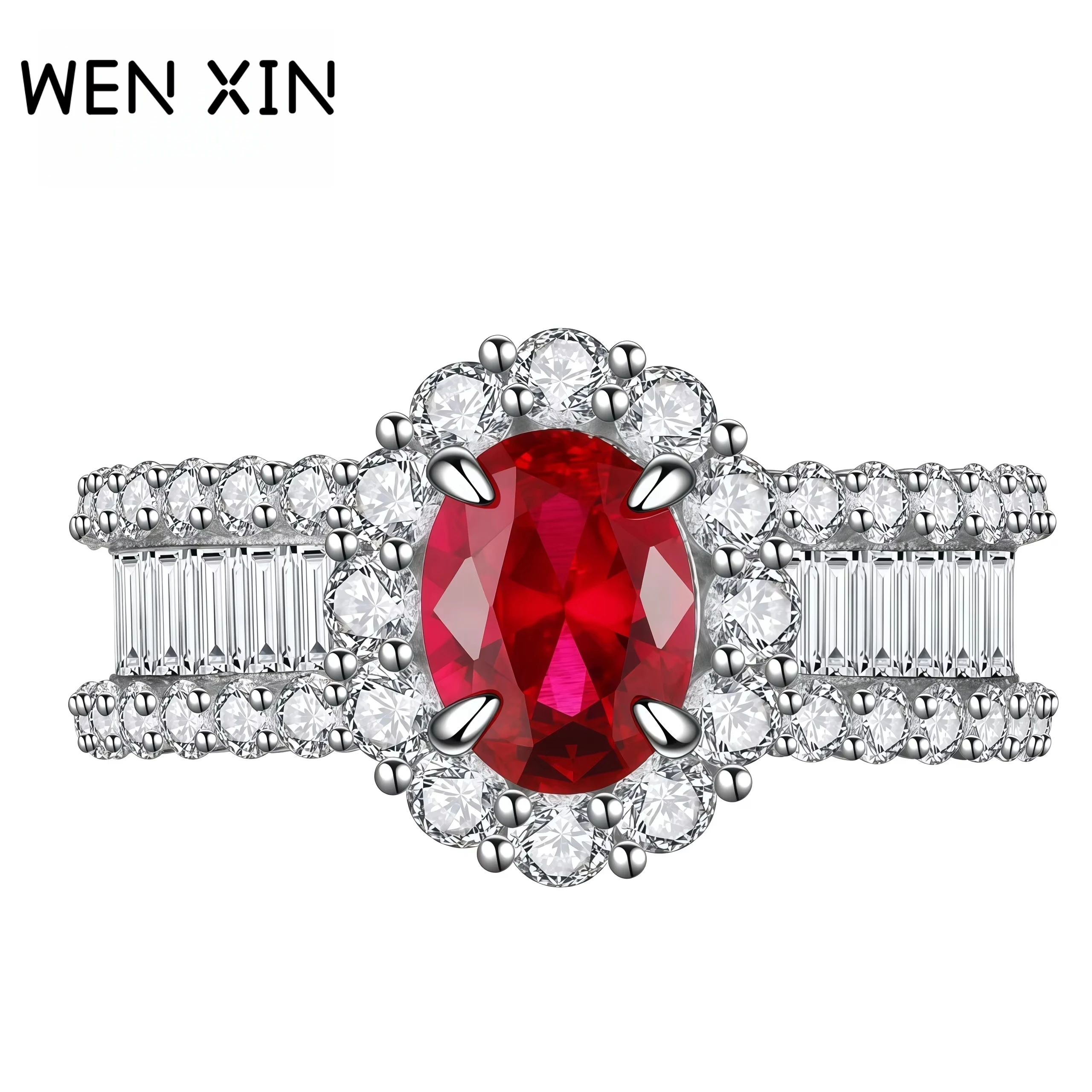 

WENXIN Luxury Pink Oval Pigeon Blood Ruby Ring T-Row Diamond Rings For Women High Carbon Diamond Ring Fine Jewelry
