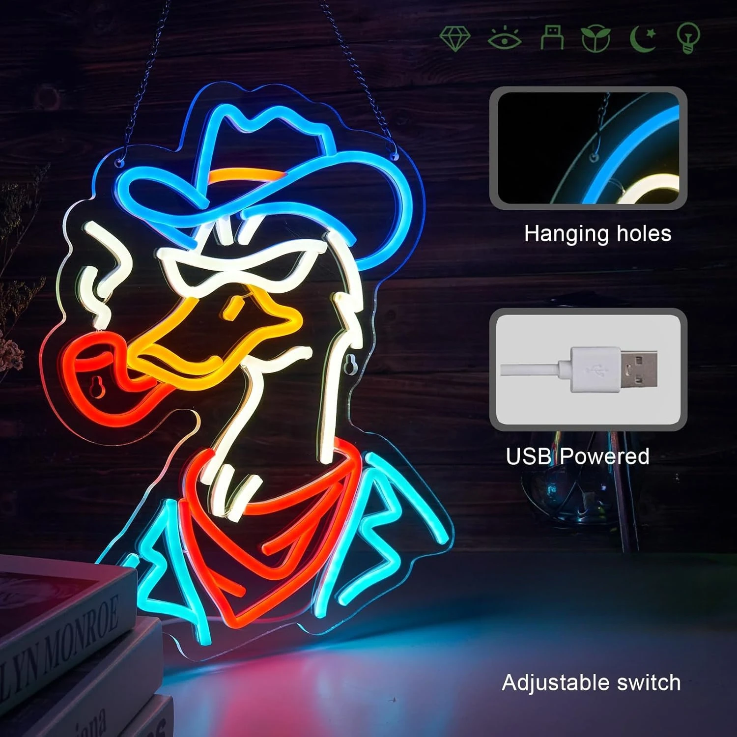 Cowboy Duck Neon Sign for Wall Decor LED Neon Sign USB Powered Dimmable for Man Cave Playroom Bedroom Bar Game Room Decor Gift