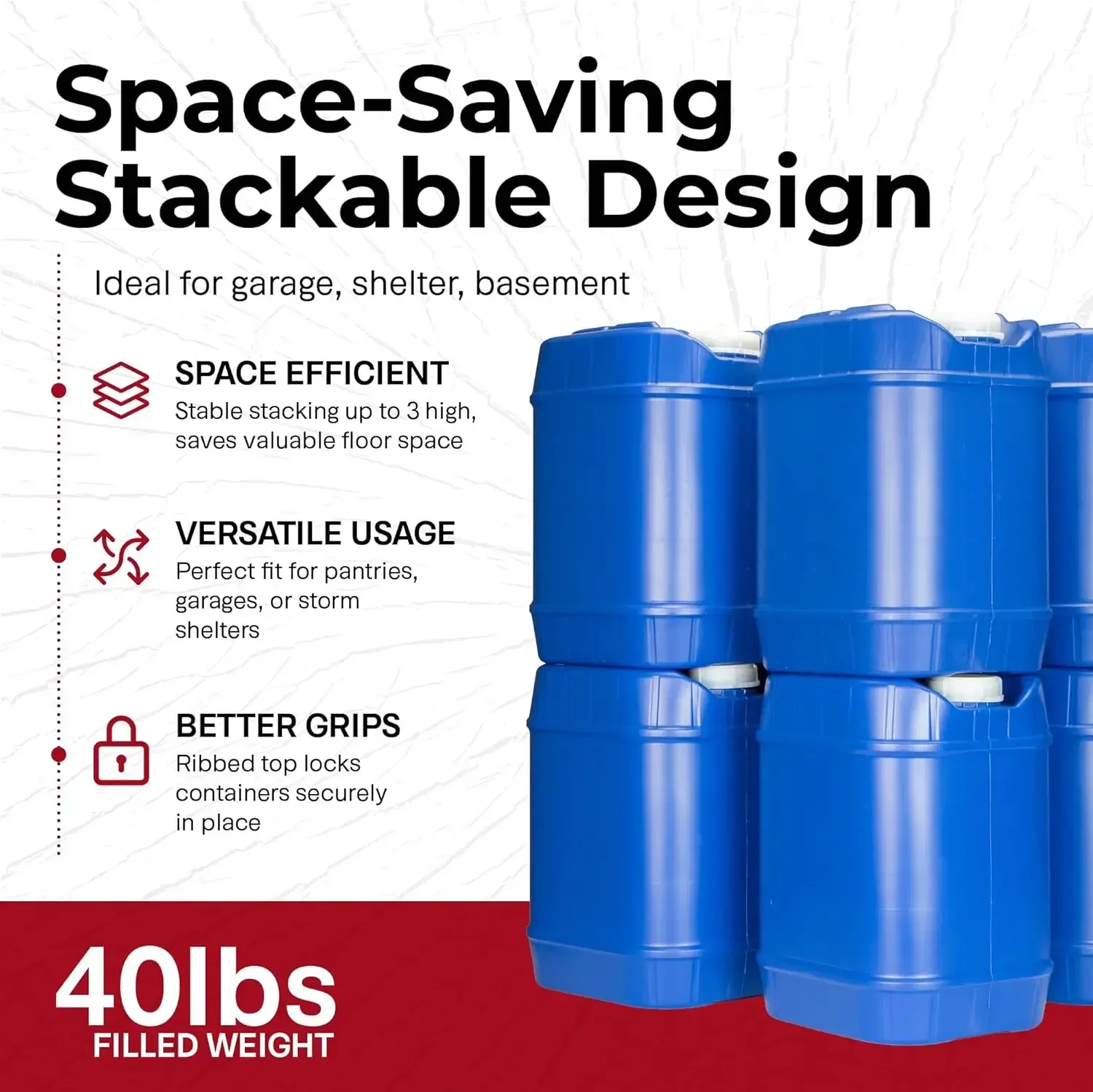 Legacy Food Storage Emergency Water Storage Containers, Long Term 5 Gallon Water Tank - 6 Stackable Food Grade Tanks Included, f