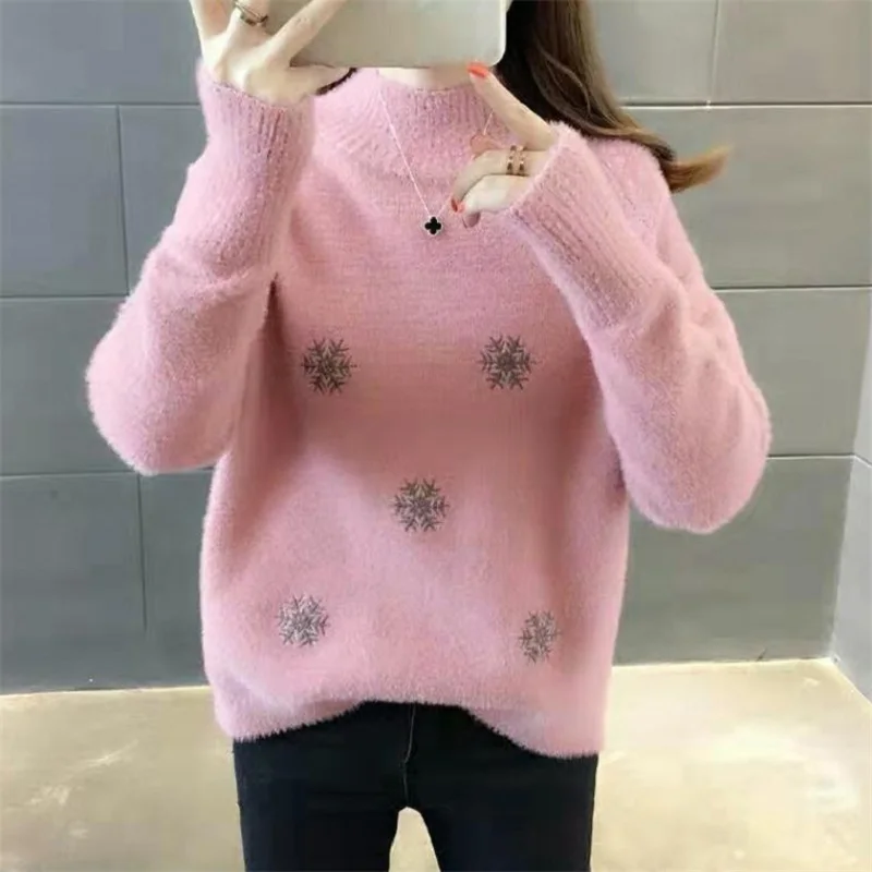 Mink Cashmere Half Turtleneck Sweater Women Slim Short Hem Split Pullover Fashion 5 Color Snowflake Embroidery Knit Tops Female