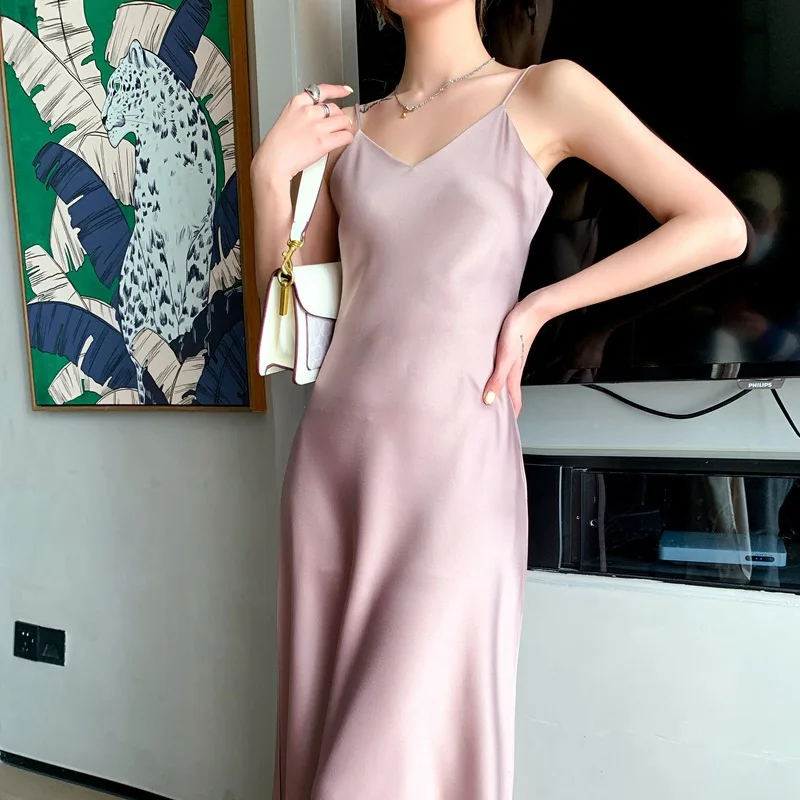 

Elegant Dress High-end triacetate mulberry silkworm silk slip dress women's summer fall natural empire satin floor length