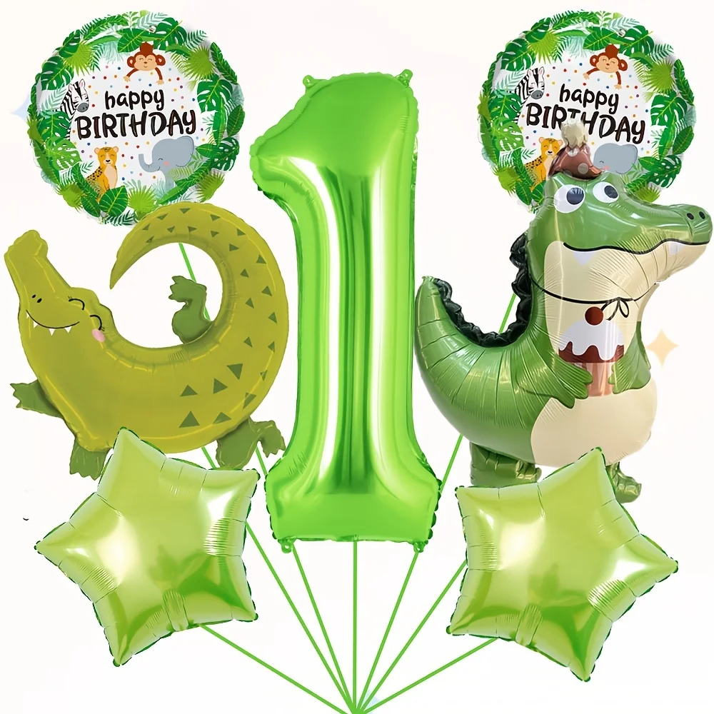 7pcs Crocodile Star Foil Balloons 32 Inch Fruit Green Number 1-9 Balloon Set Animal Theme Birthday Party Decoration Supplies