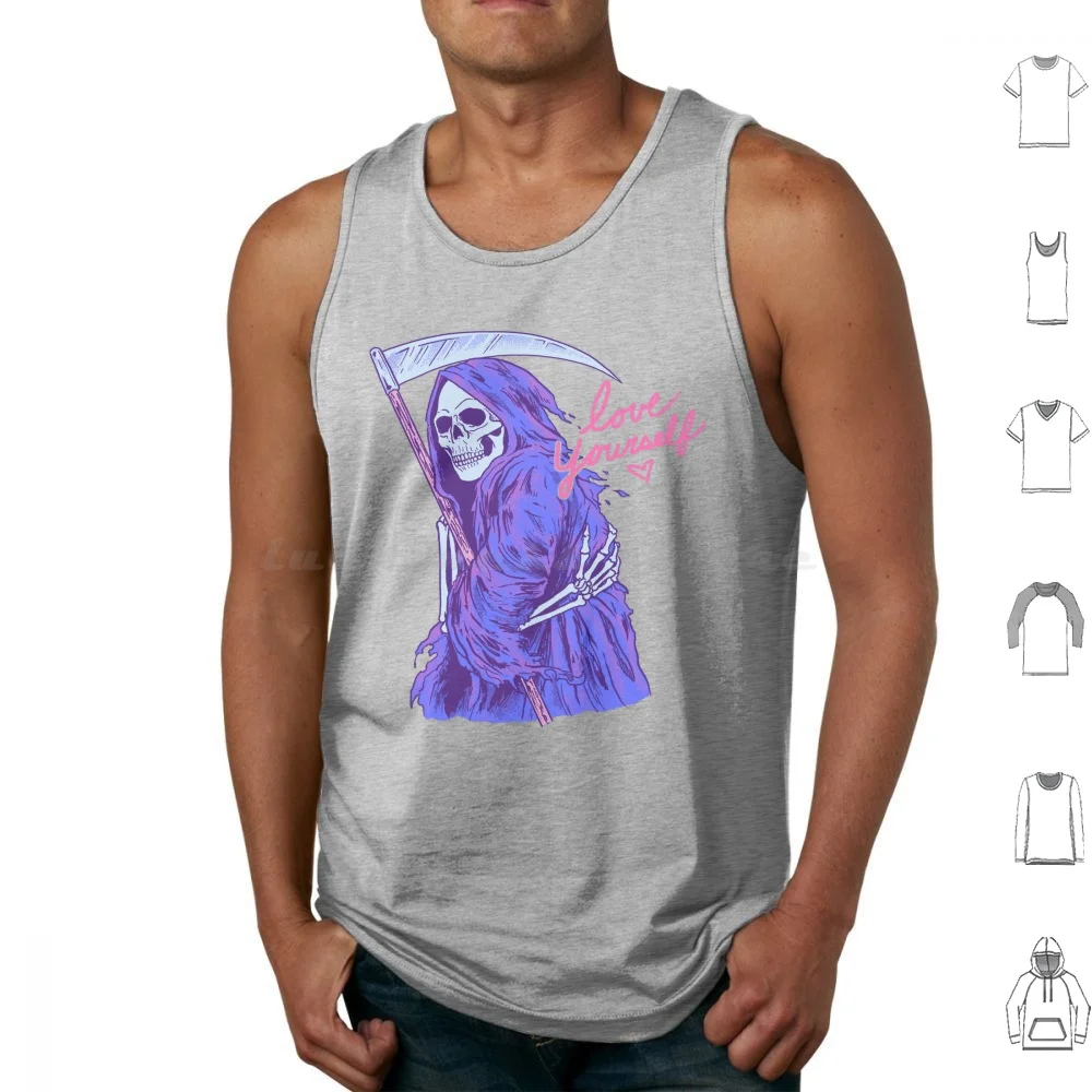 Love Yourself Camisetas sin mangas Chaleco Sin mangas Grim Reaper Love Self Care Self Care True Love Ily Death Retro 80s Skeleton