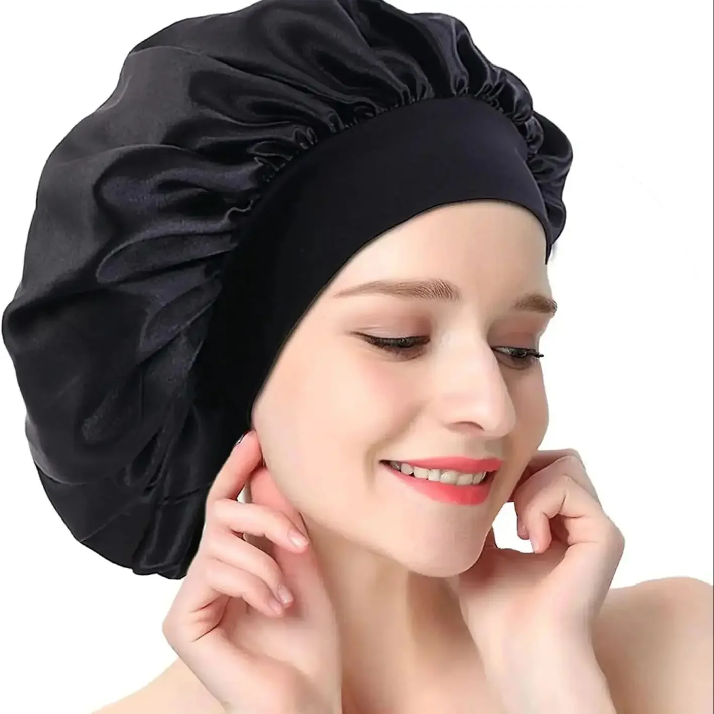 High Elastic Satin Solid Wide-brimmed Sleeping Hat Unisex Head Wrap Elastic Band Cap Hair Care Bonnet Night Sleeping Hat