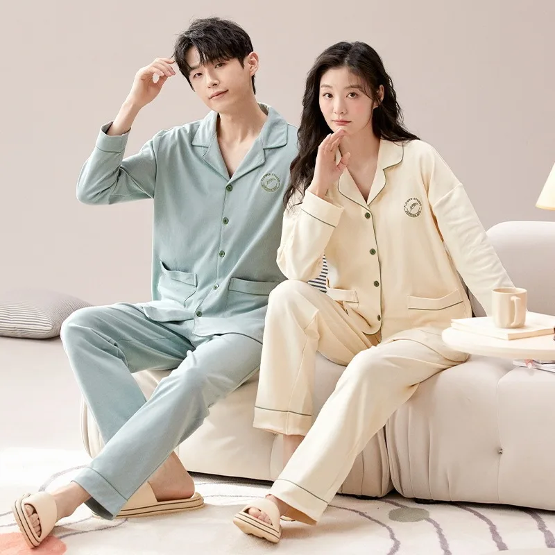 Youth Couple\'s Pajamas Autumn Cotton Soft Men and Women Matching Lounge Wear Lapel Cartoon Printed pijamas para parejas