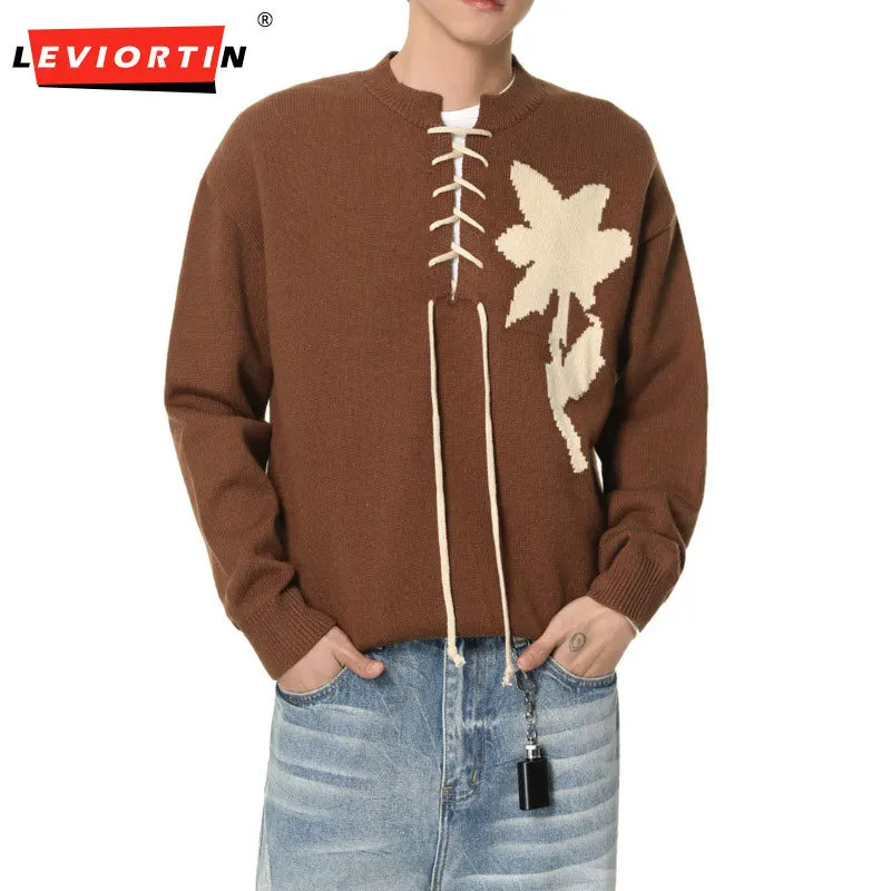 Autumn and winter men's fashion trend, retro lace up design, floral pullover, loose and high-end, versatile knit shirt trend