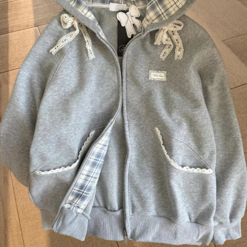 Sweet Lace Spliced Checkered Hooded Cardigan 2026 Korean Chic INS Hot Loose Fit Casual Sweatshirt Jacket Tops