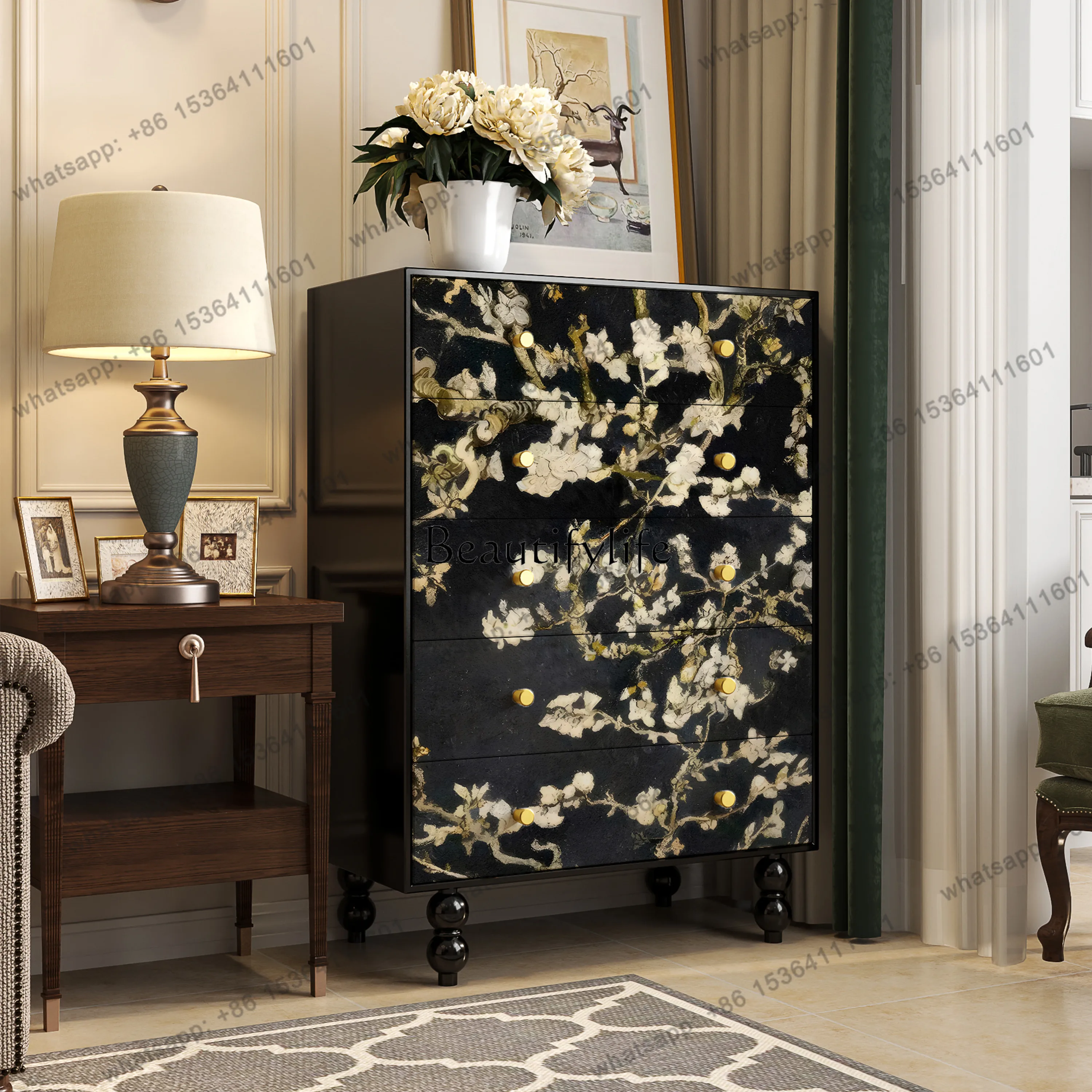 PJ French Medieval Solid Wood Chest Of Drawers B & B Bedroom Entrance Decorative Cabinet