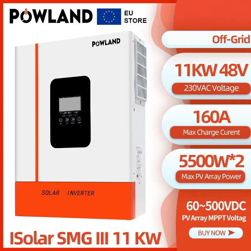 Powland 11kw 48V 11000kva Hybride Zonne-Energie Omvormer Aan/Uit-Grid 230vac Pure Sinus 160a Mppt Ingebouwde Bms Eu Voorraad Vat Vrij