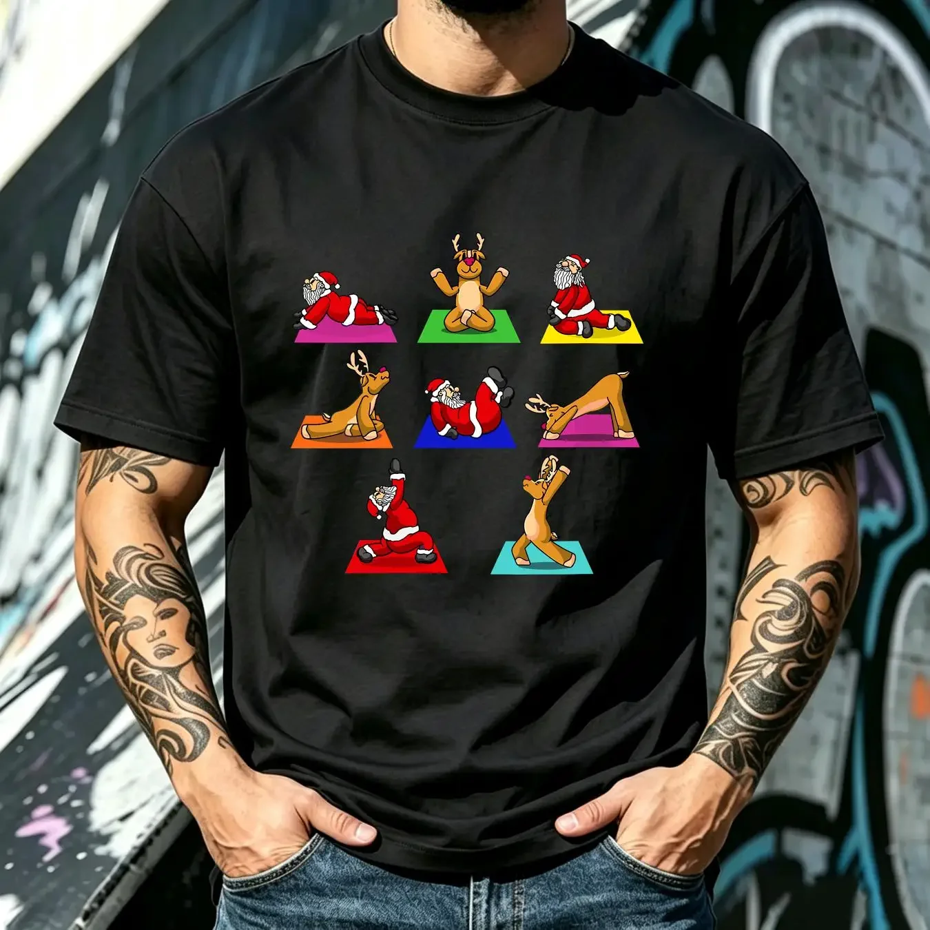 washed T Shirt NEW Reindeer Santa Claus Yoga Outfit Ladies Meditation Christmas S 3XL long or short sleeves vintage Washed