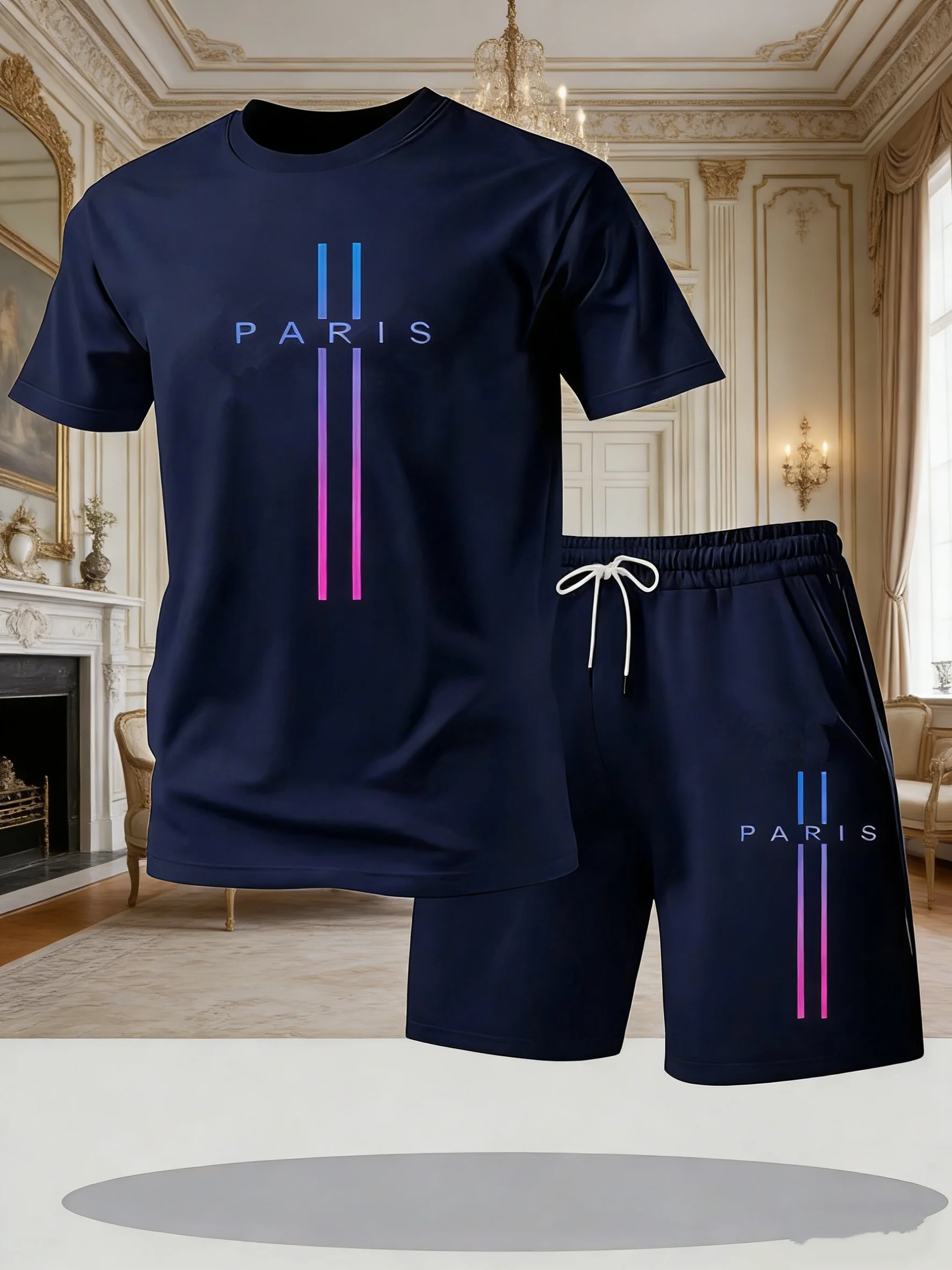 

2026 New men's summer set, two-piece casual shirt and shorts hollow cut breathable and modern sportswear for running and fitness