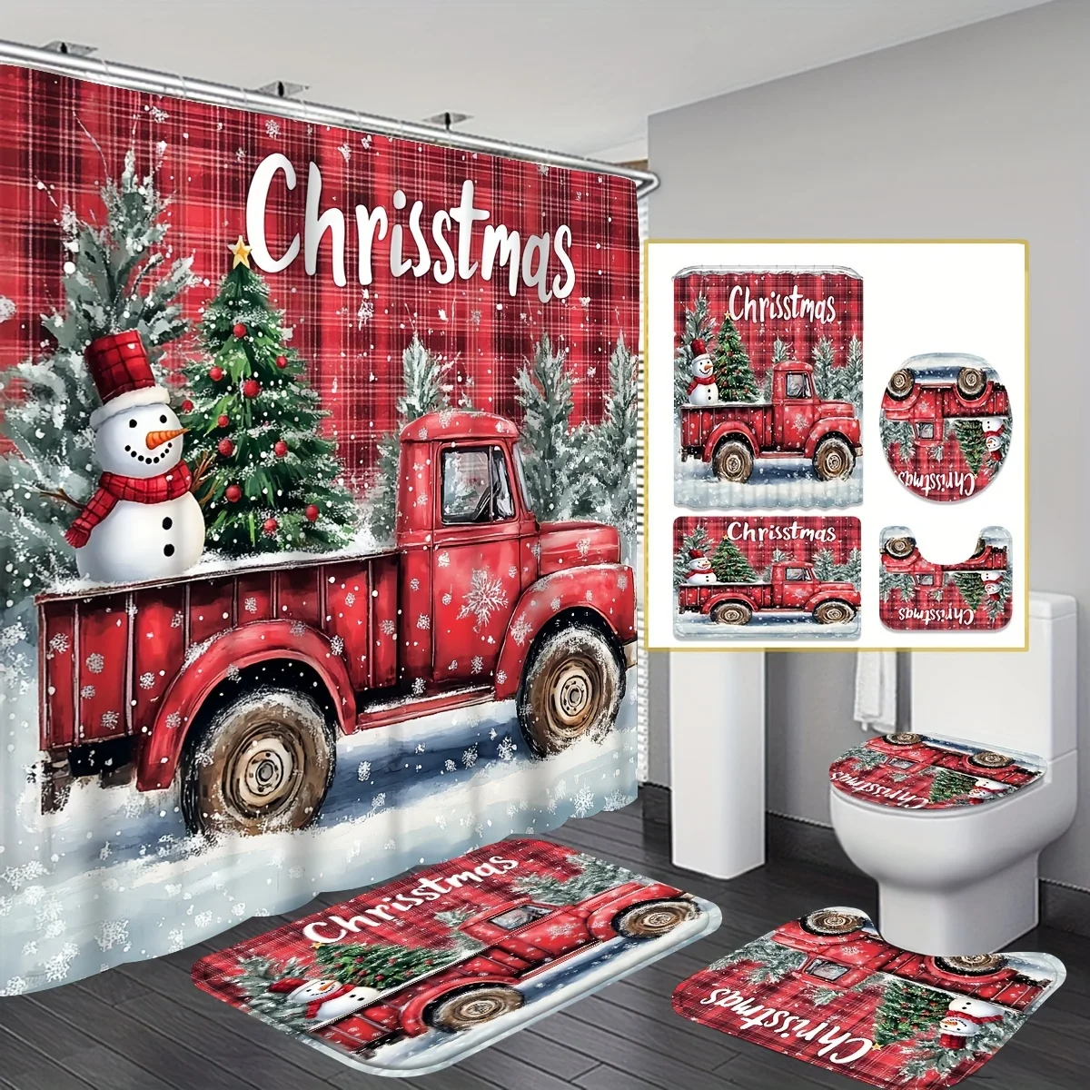 4Pcs Winter Xmas Bath Set,Snowman Plaid Truck & Christmas Tree,Bathroom Home Decor,12 Hooks, Non-Slip Mat, U-Shaped Toilet Cover