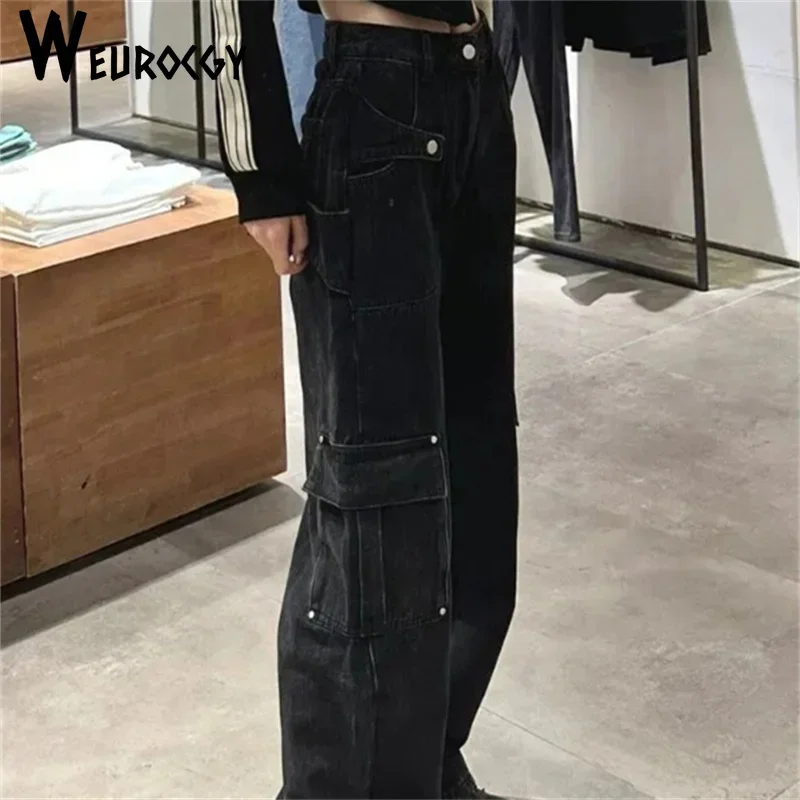 2023 Spring Autumn Fashion Versatile Vintage Multi-pockets Jeans Women Small Slim High Waist Straight Loose Wide Leg Cargo Pants