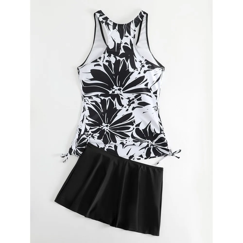 Plus Size Bikini Modest Swimwear Tankini Xxl Bikinis Floral Pleated Skirt Swimsuit Sleeveless Tank Top Two Piece Swimsuit