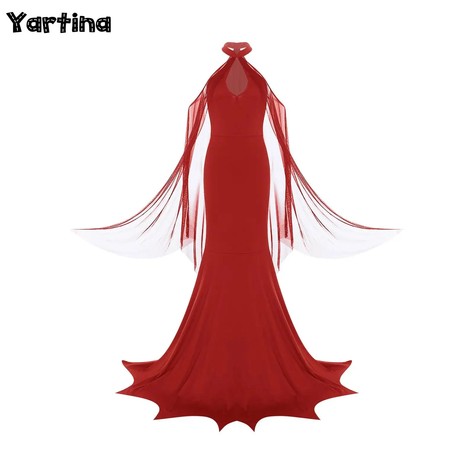 

Womens Halloween Vampire Witch Gothic Mermaid Cosplay Costume Halter Keyhole Hollow-out Mesh Cape Jagged Hem Maxi Long Dress