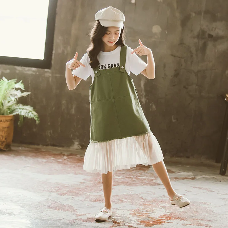 

Summer 2024 Teenage Suspender Skirts Girls Mesh Patchwork Skirt High Waist Kids Cute Children School Spring Fall Clothing Green