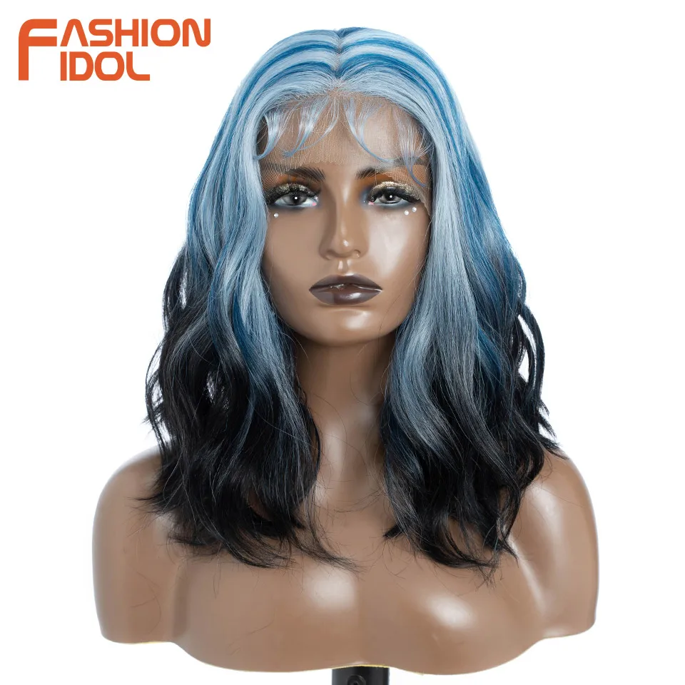 FASHION IDOL 12 Inch Bob 13x7 HD Lace Front Synthetic Wigs For Black Women Ombre Blue Heat Resistant Short Body Wave Cosplay Wig