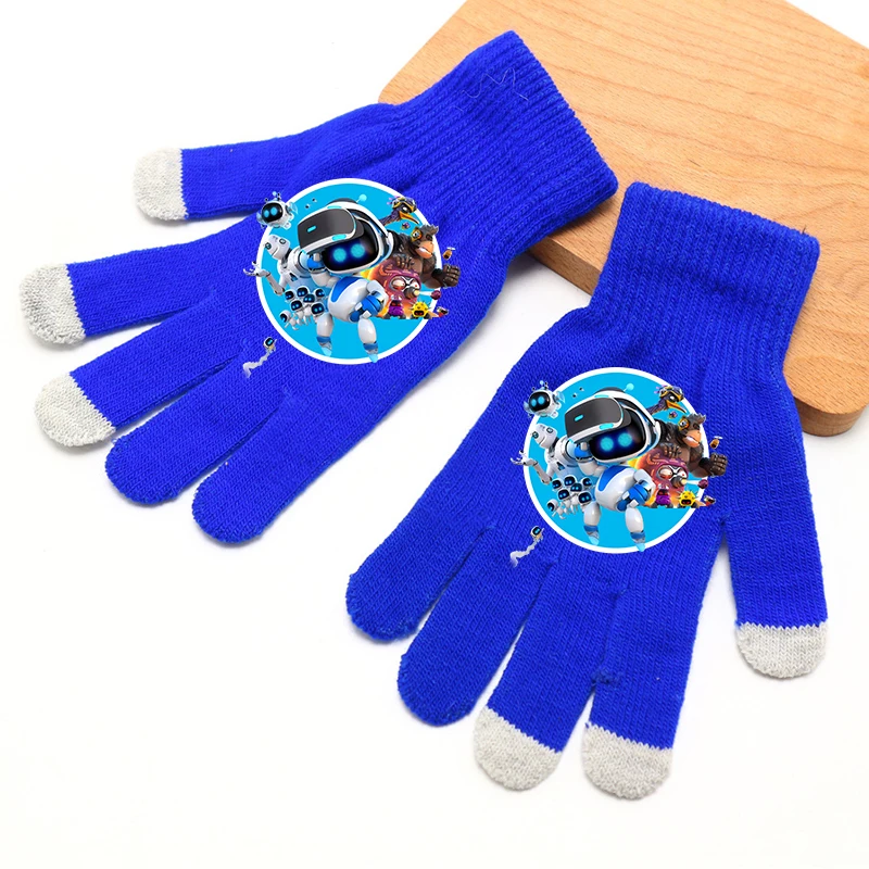 Astro Bot Gloves Boys Girls Anime Cartoon Cute Blue Mittens Children Winter Warm Windbreak Knitted Glove Necessary Accessories