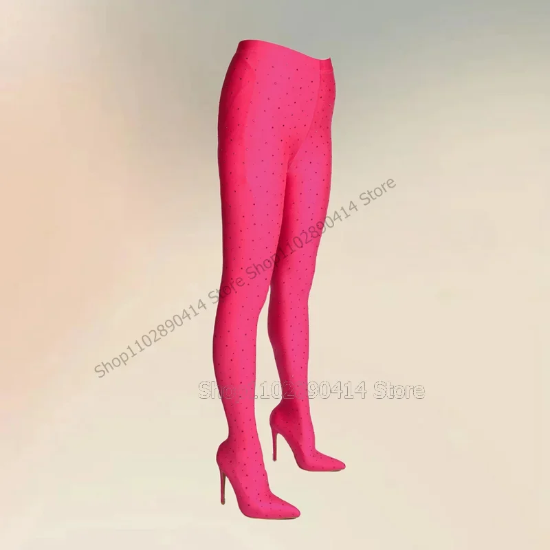 

Rose Red Rhinestone Decor Pointed Toe Pant Boots Slip On Women Shoes Thin High Heels Sexy Fashion Party 2023 Zapatos Para Mujere