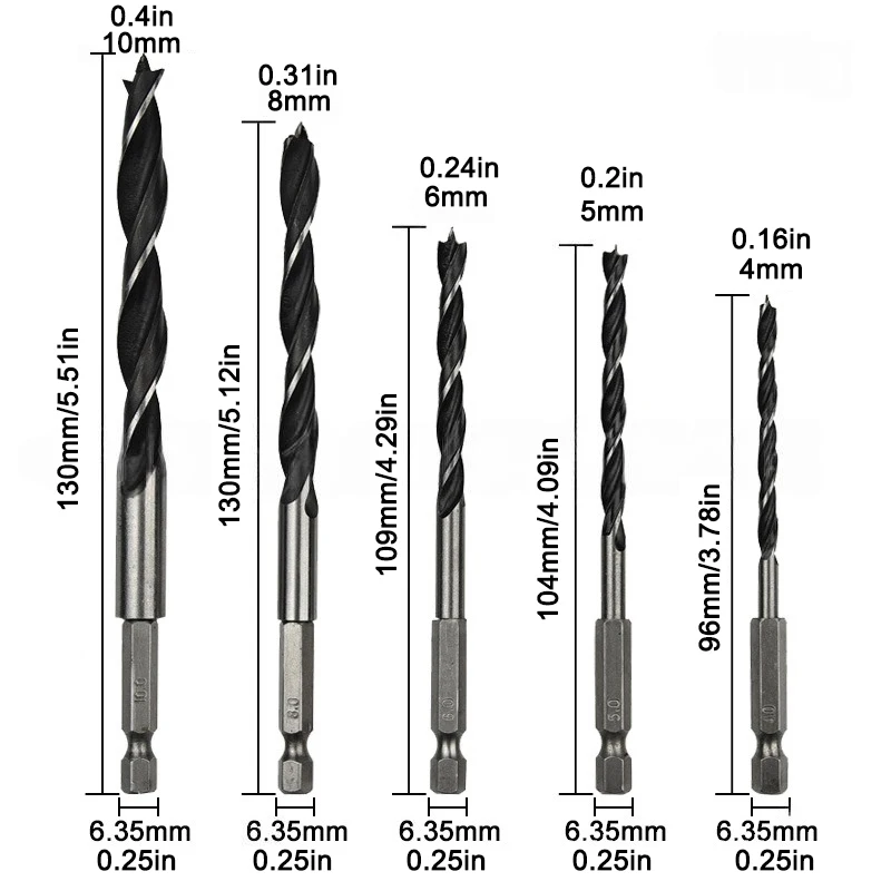5pcs hexagonal handle three pointed woodworking drill 4-10mm woodworking hole expanding power drilling tool accessory set