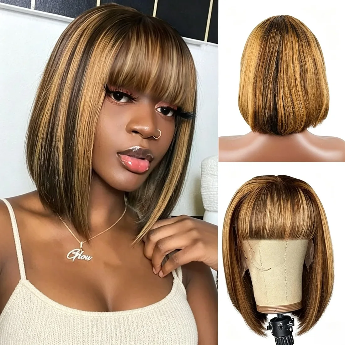 8 Inch Short Bob Wig With Bangs Human Hair Wigs For Black Women Highlights Lightweight Ombre Straight Brazilian Virgin Hair #4/2