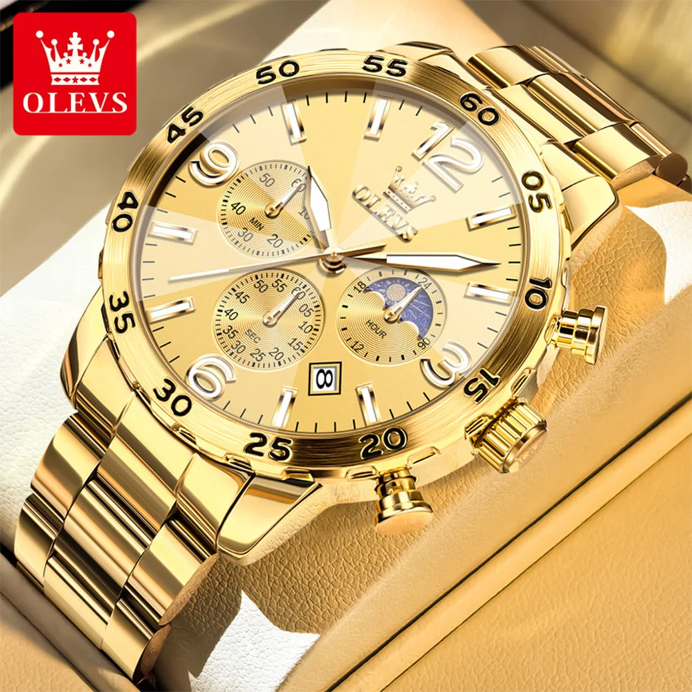 

OLEVS Moon Phase Men's Watches Calendar Luminous Quartz Watch for Man Luminous Chronograph Original Brand Gold Stainless steel