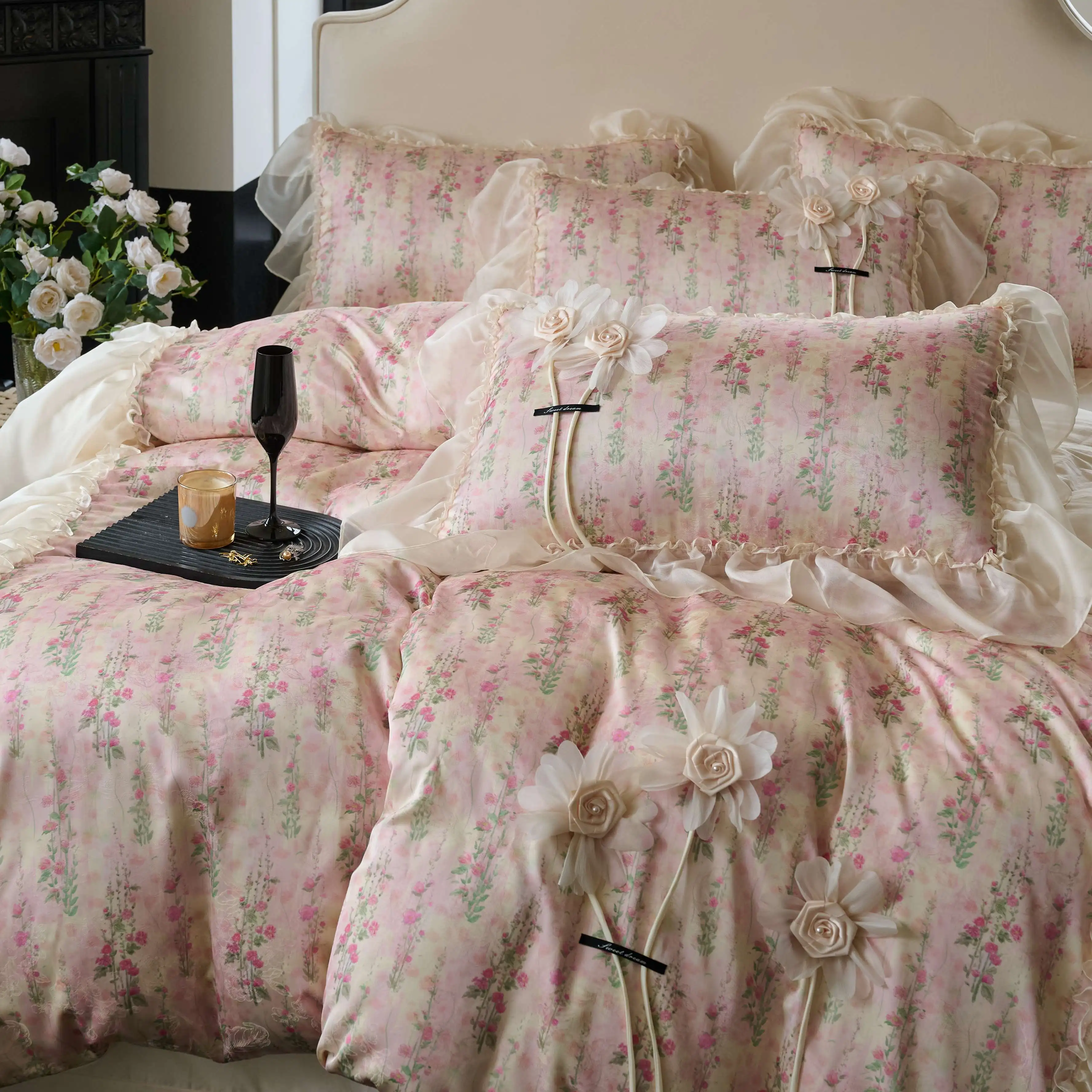 

French Princess Style 4-Piece Bedding Set - 100% Combed Washed Cotton, Pink Lace Duvet Cover with Bed Skirt, Soft & Breathable