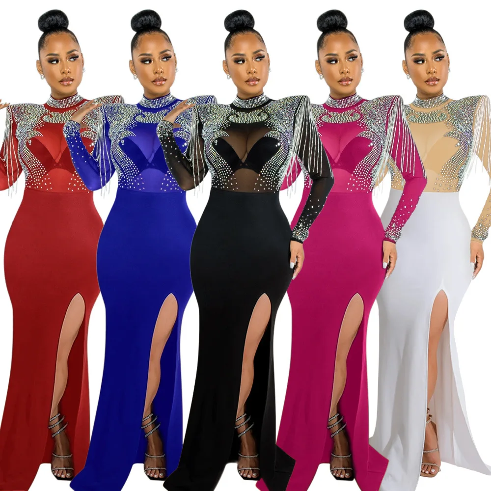 

EINY y2k Women Mesh See Through Long Sleeve Diamonds Hot Rhinestones Mermaid Long Dress Fall Evening Sexy Party Dresses Vestidos