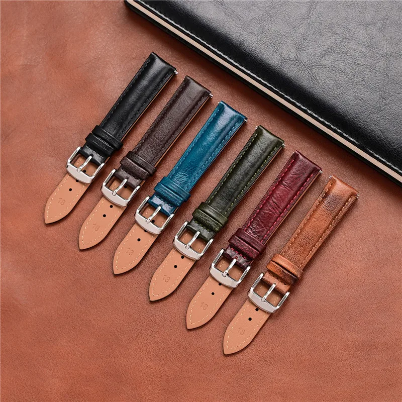 Genuine Leather Watch Strap 16mm 18mm 20mm 22mm Men Women Retro Oil Wax Cowhide Quick Release Universal Replace Band Bracelet