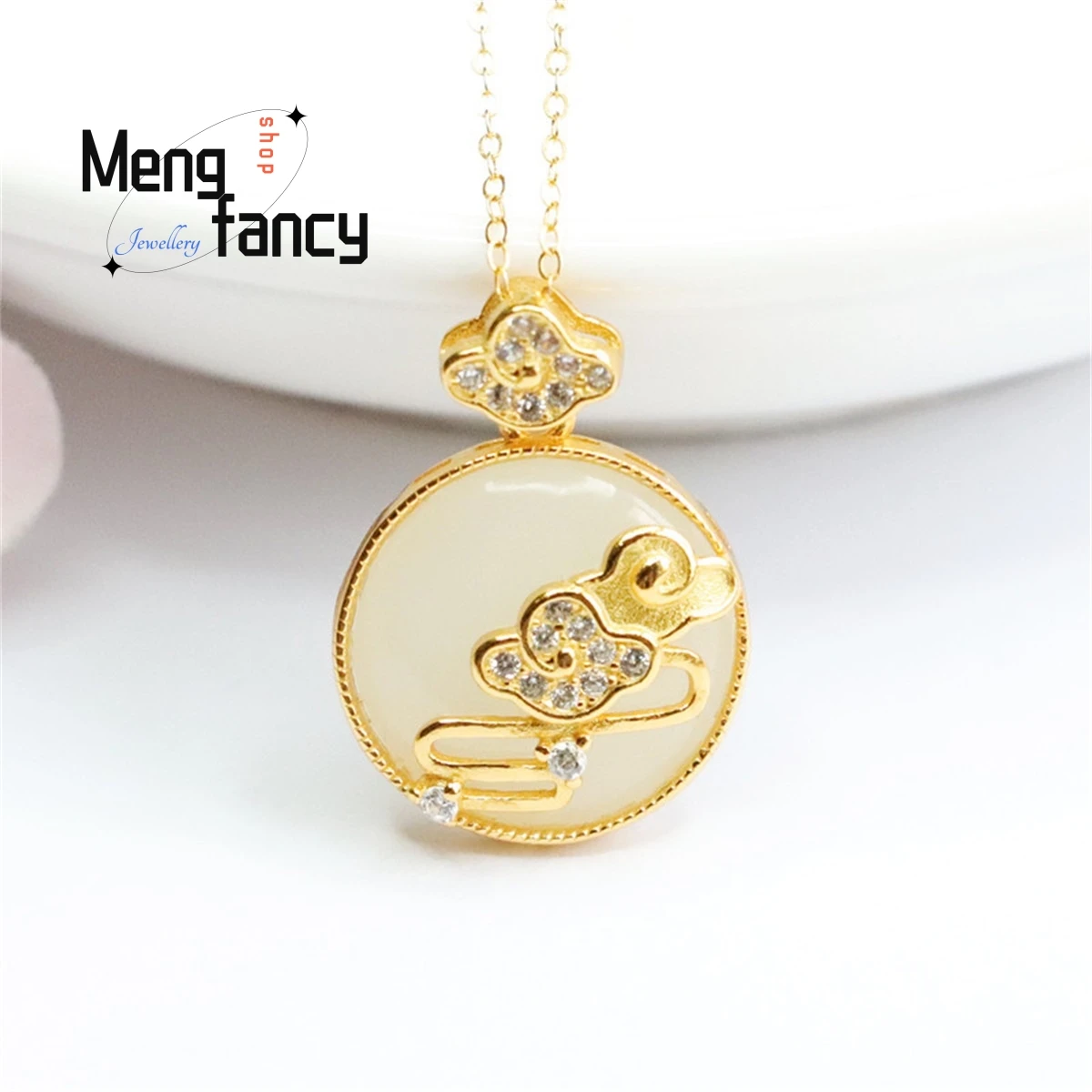 

Natural S925 Silver Inlaid Hetian White Jade Circular Wushi Brand Xiangyun Necklace Charm Personalized Fashion Exquisite Jewelry