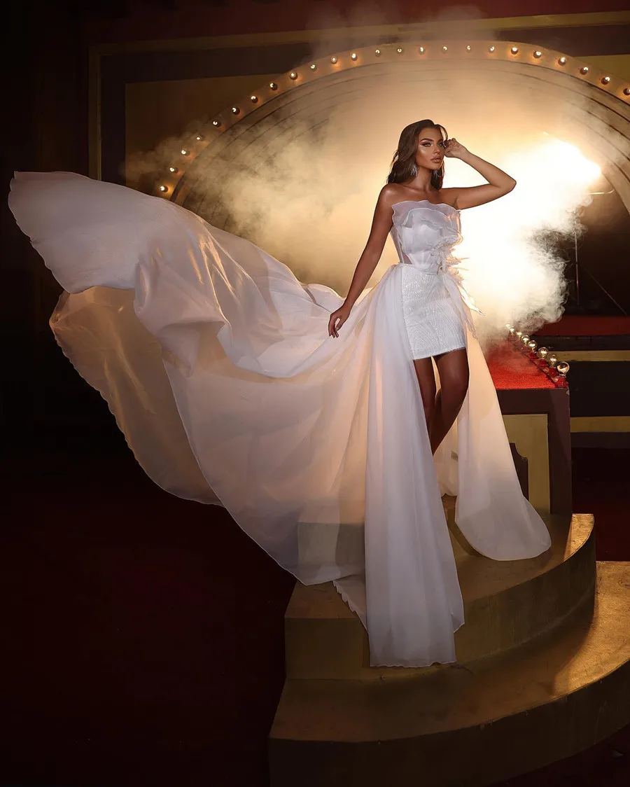 Robe de mariée en mousseline de soie avec appliques en dentelle, longueur au genou, poignées amovibles, robe de soirée sexy, robe de soirée de Rhde luxe, blanc