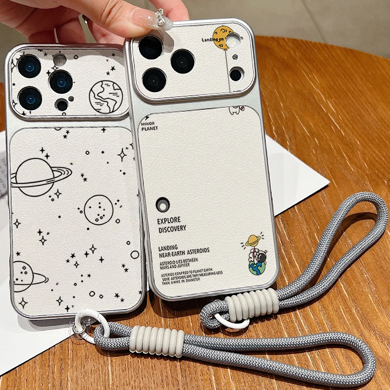 Matte Leather Texture Phone Case For iPhone 17 16 15 14 13 Pro Max Cartoon Astronaut Pattern Wrist Strap Lanyard Soft TPU Cover view 3