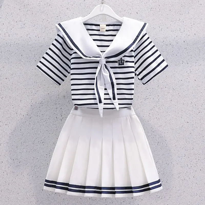 

Girls Summer Casual Striped Sailor Collar Short Sleeve Suits 4 6 8 10 12 14 Years Girls JK Style Fashion Tops+Skirts 2pcs Sets