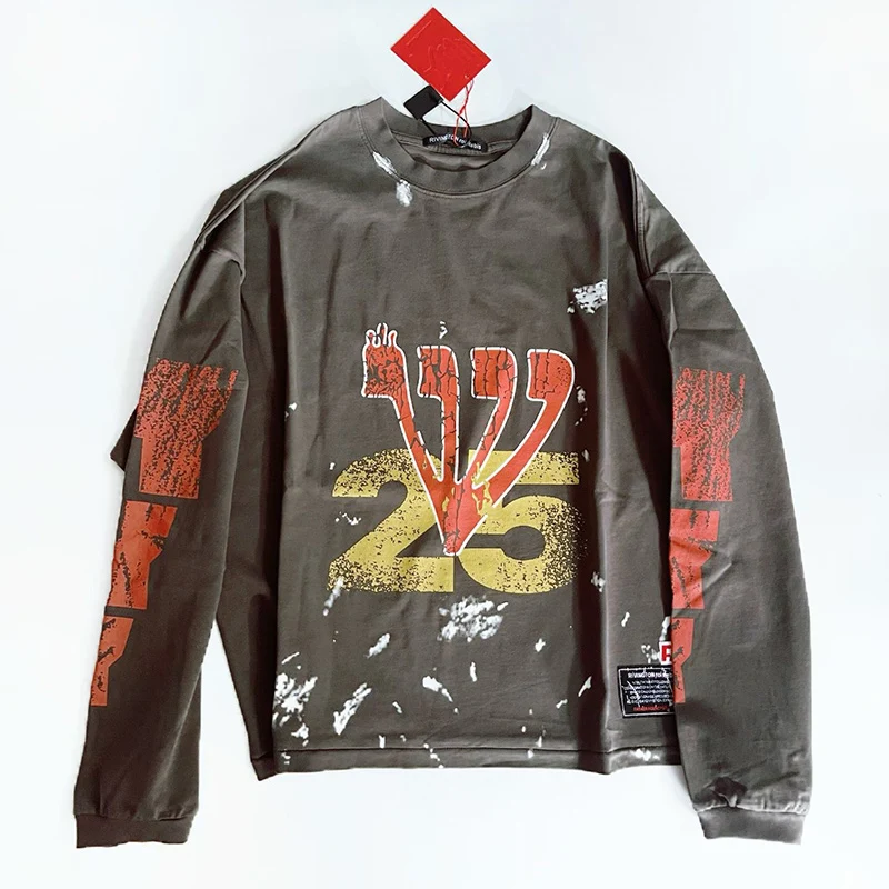 

Charcoal Gray Splashed Ink RRR123 Long Sleeved T Shirt Men Women Streetwear Short But Wide 100% Cotton Tee Tops Vintage T-Shirt