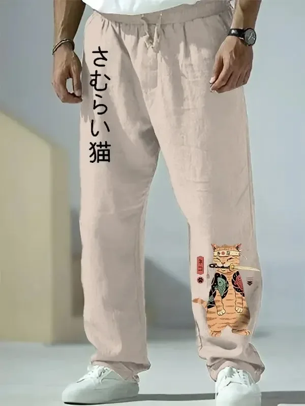 Japanische Samurai Katze druckt weites Bein Hosen Harajuku Freizeit hose Hipster Sommer hose Streetwear Sweapants Männer Frauen Kleidung – Detail 5