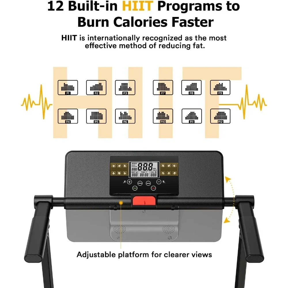 Folding Treadmill, 2.25HP Treadmills for Home with 12 HIIT Modes,Space Saving Small Treadmill with, LCD Display, Easy to Fold