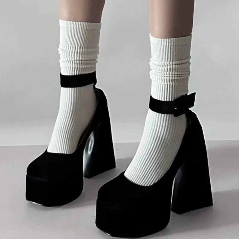 Chunky High Heels Autumn 2023 New Women Black Pumps Shoes Fashion Retro Metal Buckle Mary Jane Shoes Suede Casual Heels Women