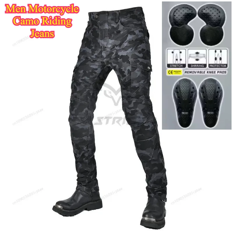 

Мужские мотоциклетные джинсы с камуфляжным принтом — усиленные съемными защитными накладками, сертифицированными CE (колен/бег) — прочные брюки для верховой езды