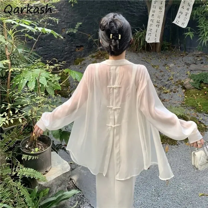 

White Thin Shirts Women Long Sleeve Summer Sunscreen Side Slit Chinese Style Temper Elegant Aesthetics Fashion Casmisas Personal