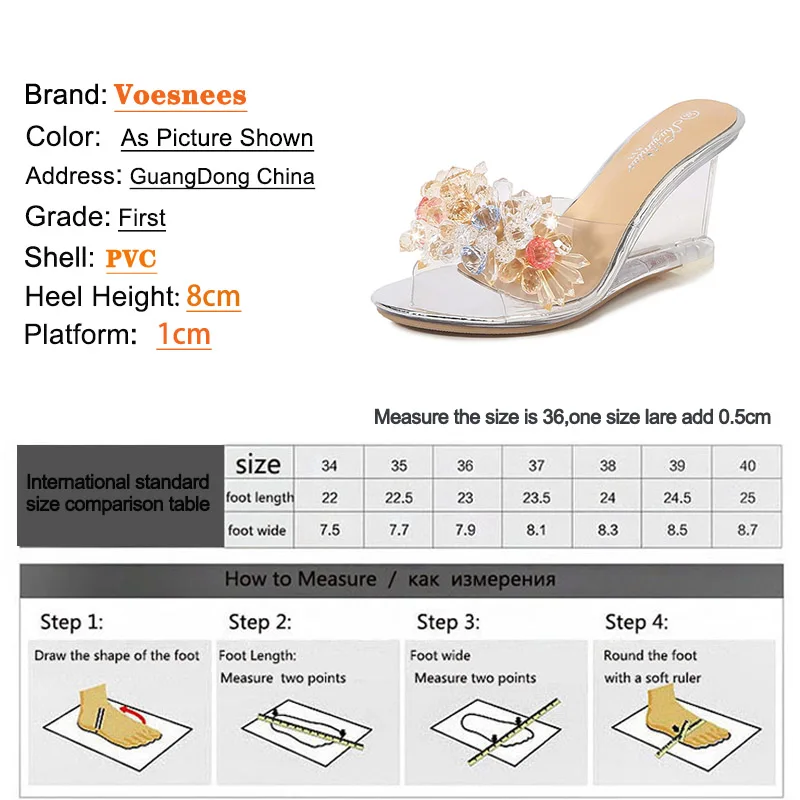 2022 New Summer Color Bead Flower Shoes Everyday Women Transparent Wedge Heeled Slippers Fashion Elegant Jelly Sandals Size 43