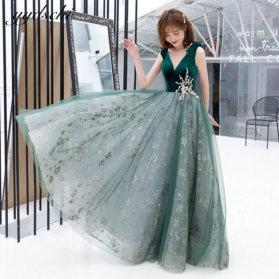 

Elegant Green Velvet A-Line Gold Tulle Appliques Spaghetti Straps With Bow Evening Dresses Princess Banquet Party Prom Gown 2022