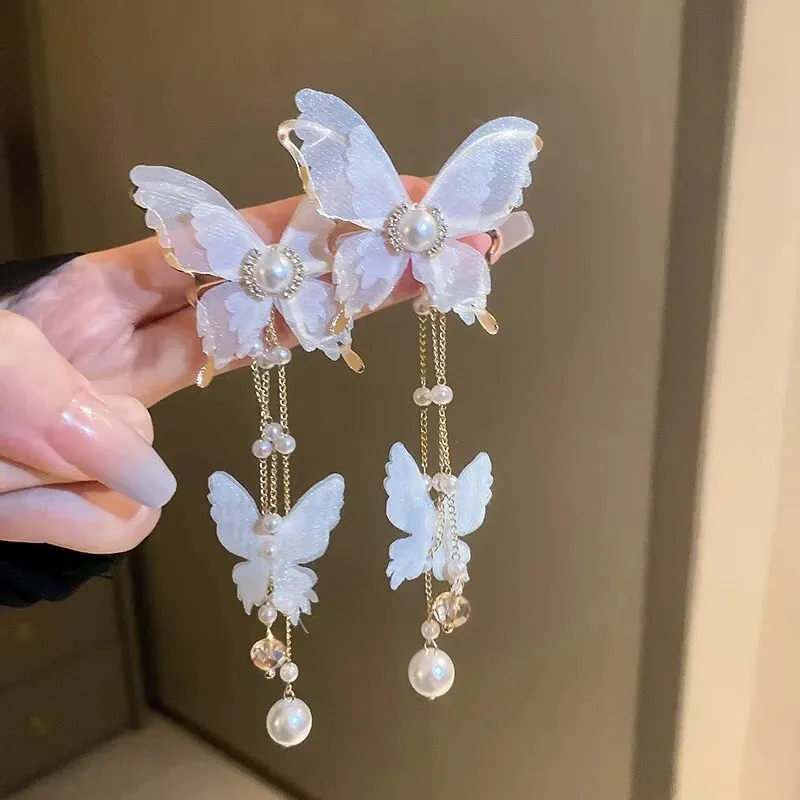 Temperament weiße Schmetterling Tropfen Ohrringe lange Quaste hängende Ohrringe Damenmode Imitation Perlen Ohrringe Schmuck