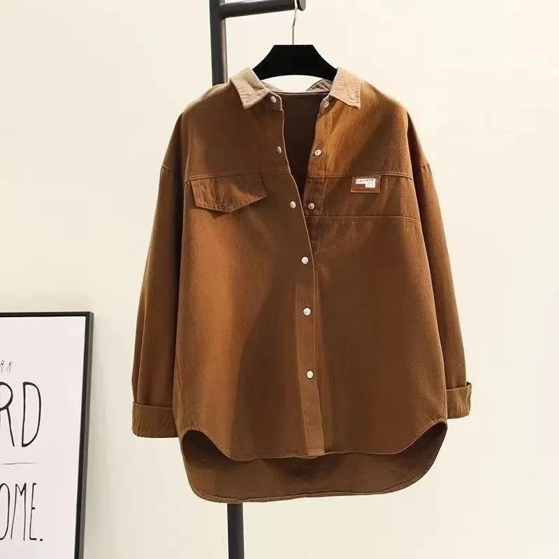 Beige solide décontracté col Polo coton simple boutonnage à manches longues femmes Blouse chemise décontracté femme vêtements hauts mode 2025