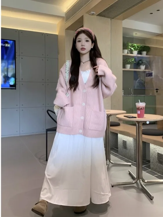 

plus Size Women's White Lace Trim Vest Top Set Autumn New Sle Comfortable Commute Korean Loose Fit High Waist Midi Skirt